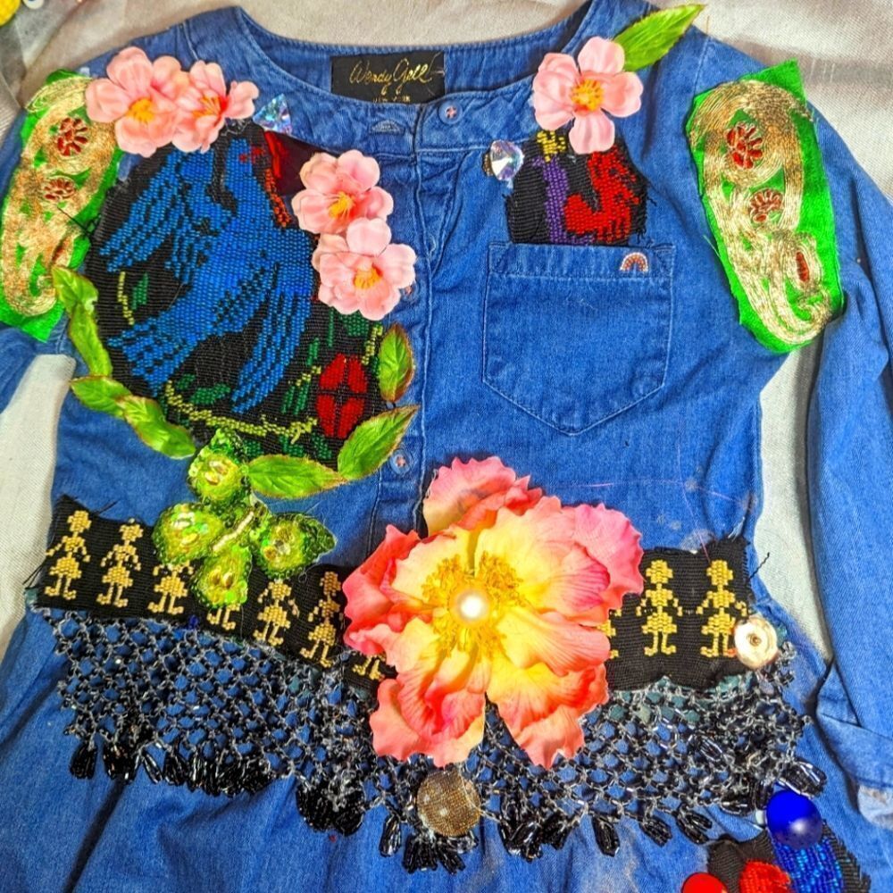 Wendy Gell Girls Denim dress, embroidered birds, pink flowers Swarovski jewels.